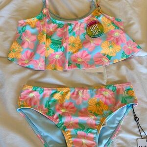 Hurley Girls Floral Ruffle Bikini in Aqua, Pink & Yellow